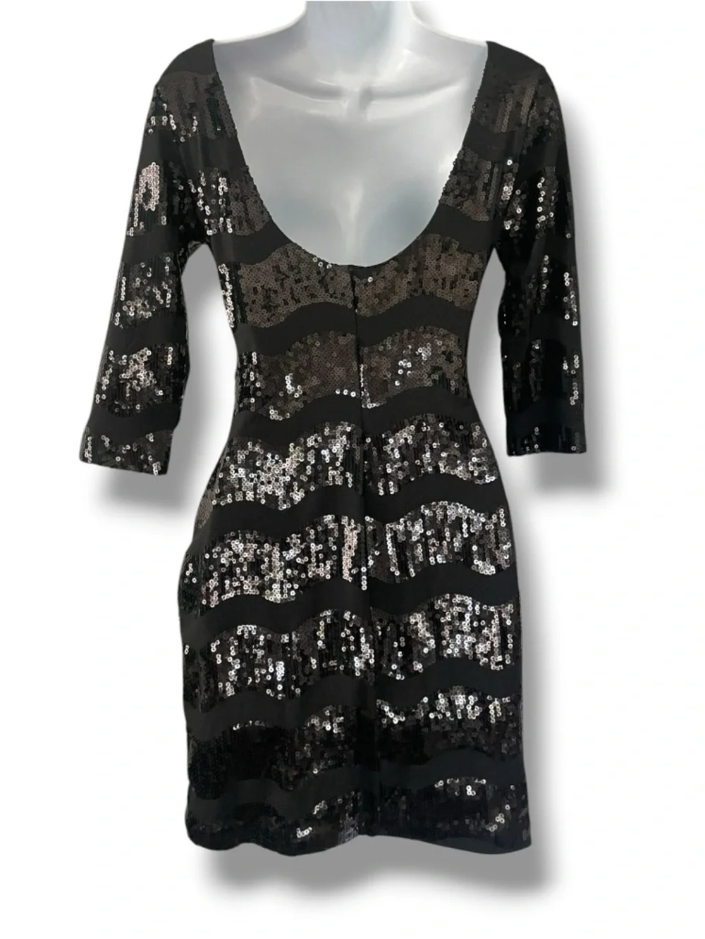 Charlotte Russe Black Sequin Cocktail Dress Bodycon 3/4 Sleeve Holiday Party - Picture 3 of 6